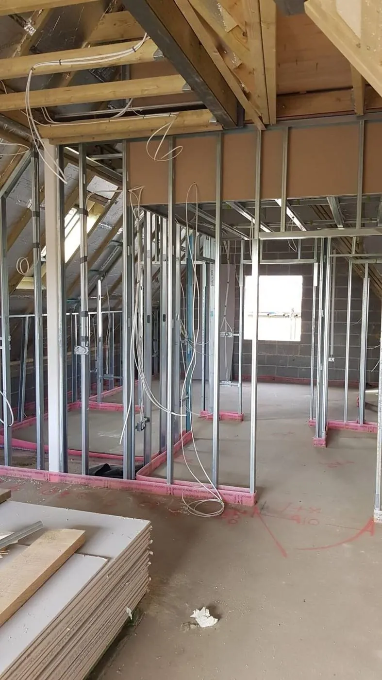 Metal stud partitions set out to a commercial floorplate