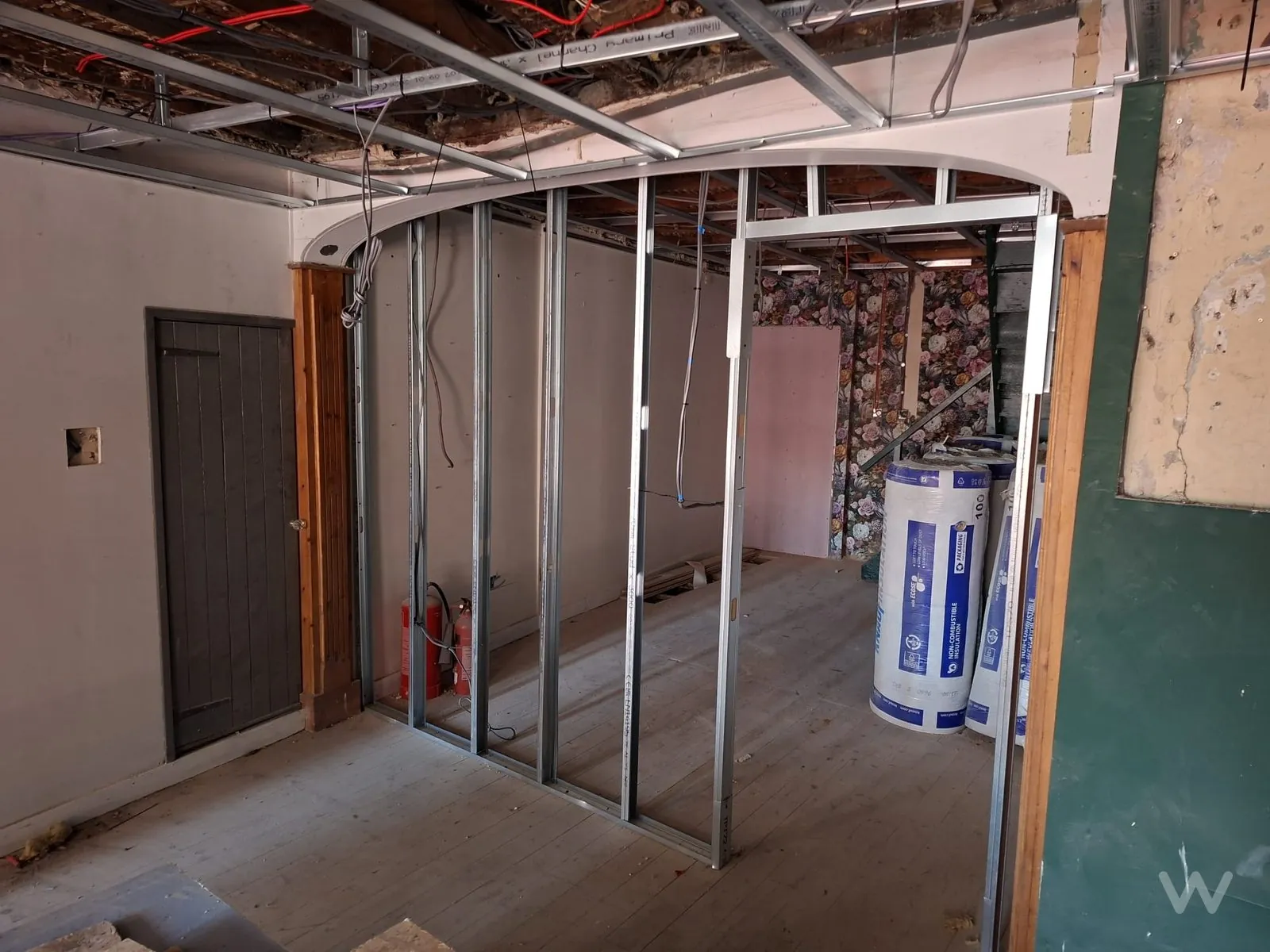 Curved metal stud partition framed ready to receive insulation